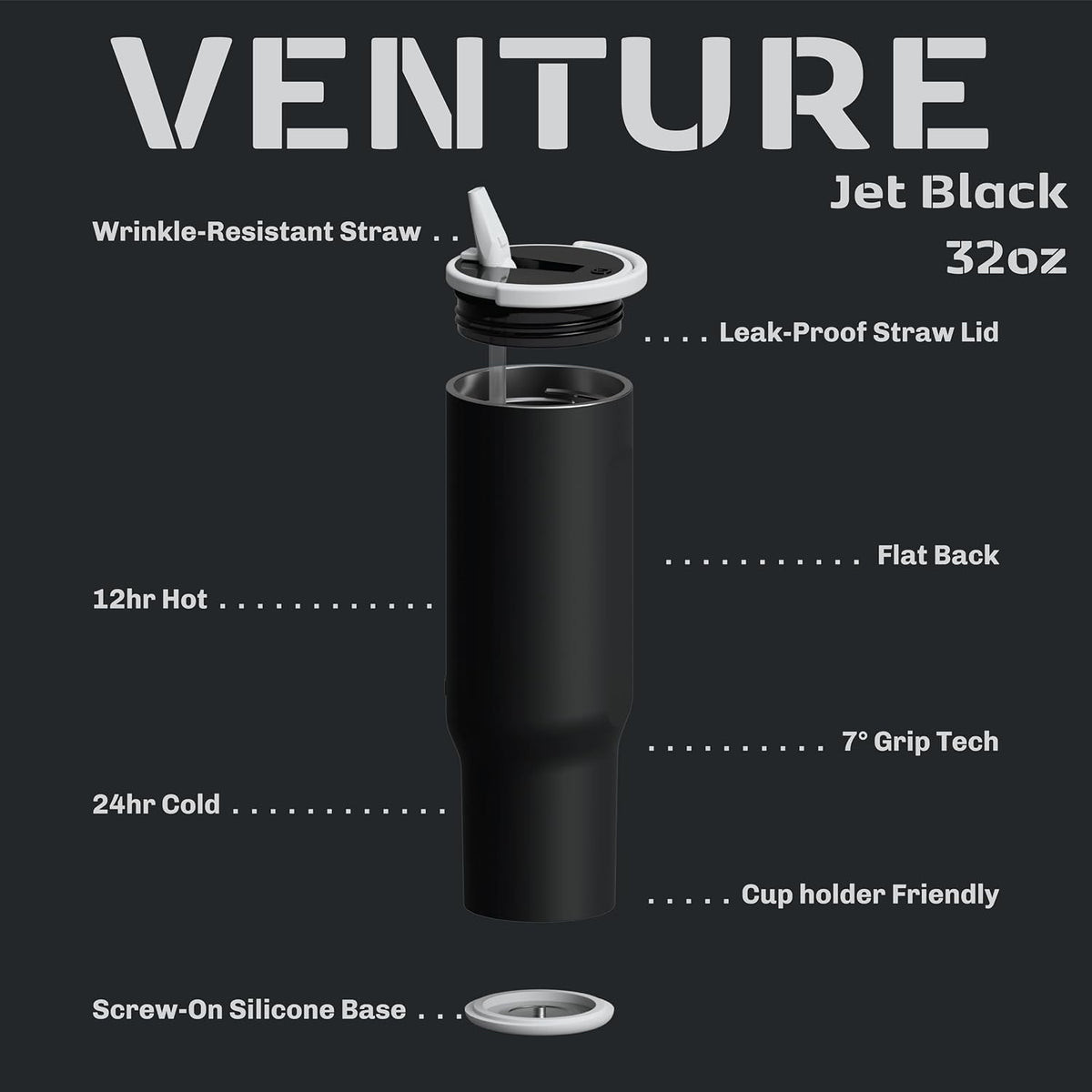 16oz Stainless Steel Tumbler Water Bottle - Spill-Proof Screw-On Lid, Insulated, Straw Compatible, BPA-Free - 12hr Hot/24hr Cold, Fits Cup Holders - Jet Black
