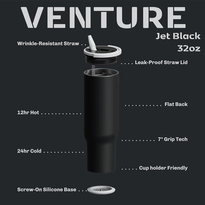 16oz Stainless Steel Tumbler Water Bottle - Spill-Proof Screw-On Lid, Insulated, Straw Compatible, BPA-Free - 12hr Hot/24hr Cold, Fits Cup Holders - Jet Black