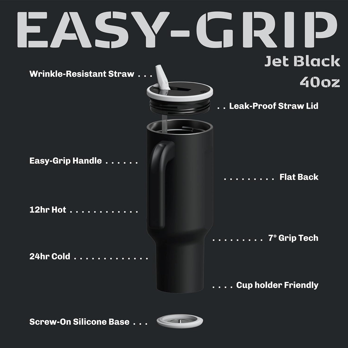 16oz Stainless Steel Tumbler Water Bottle - Spill-Proof Screw-On Lid, Insulated, Straw Compatible, BPA-Free - 12hr Hot/24hr Cold, Fits Cup Holders - Jet Black