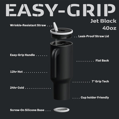 16oz Stainless Steel Tumbler Water Bottle - Spill-Proof Screw-On Lid, Insulated, Straw Compatible, BPA-Free - 12hr Hot/24hr Cold, Fits Cup Holders - Jet Black