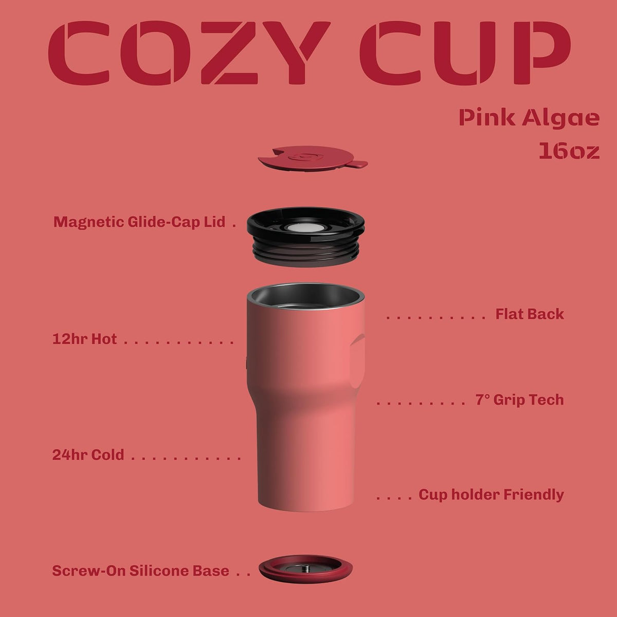 16oz Stainless Steel Tumbler Water Bottle - Spill-Proof Screw-On Lid, Insulated, Straw Compatible, BPA-Free - 12hr Hot/24hr Cold, Fits Cup Holders - Jet Black