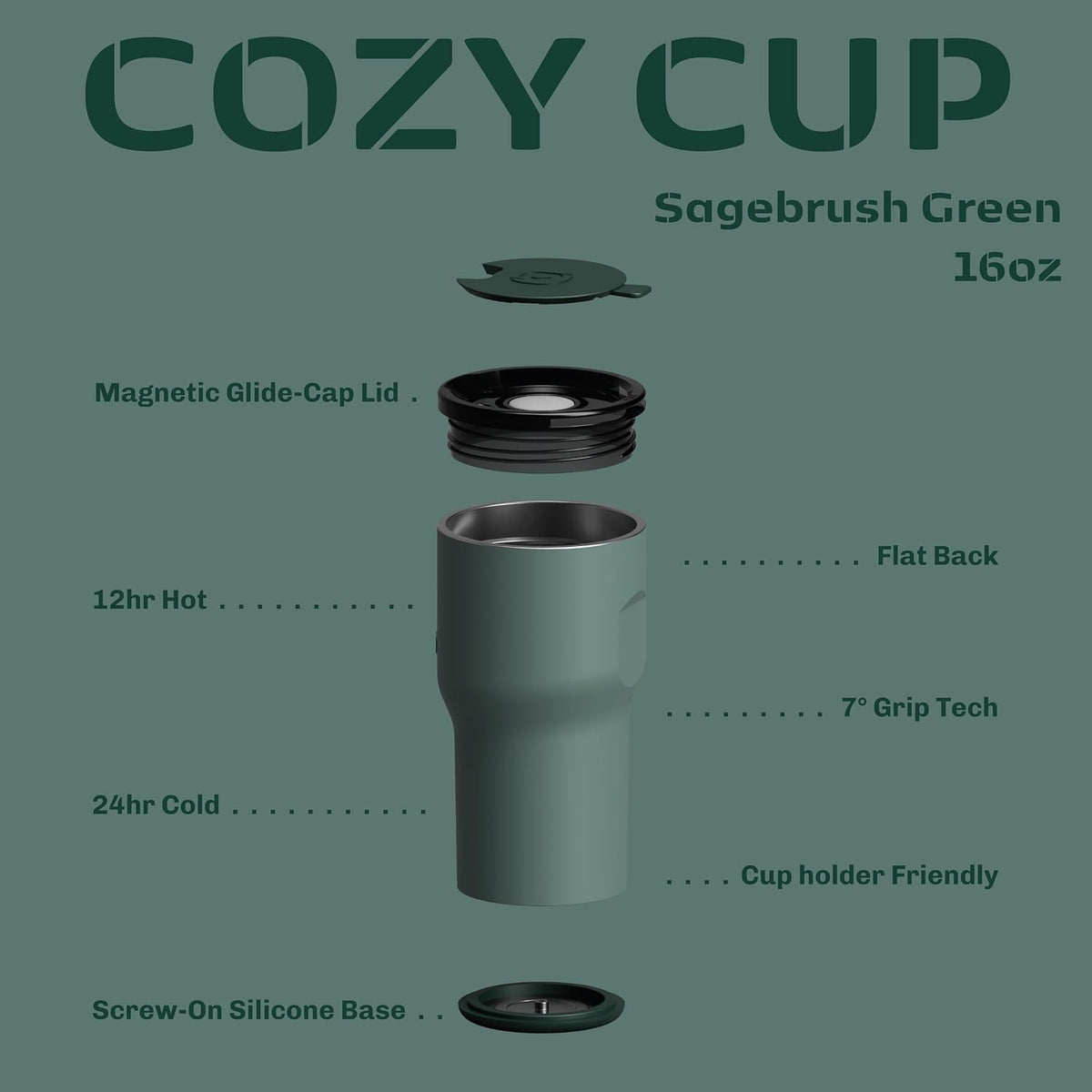 16oz Stainless Steel Tumbler Water Bottle - Spill-Proof Screw-On Lid, Insulated, Straw Compatible, BPA-Free - 12hr Hot/24hr Cold, Fits Cup Holders - Jet Black