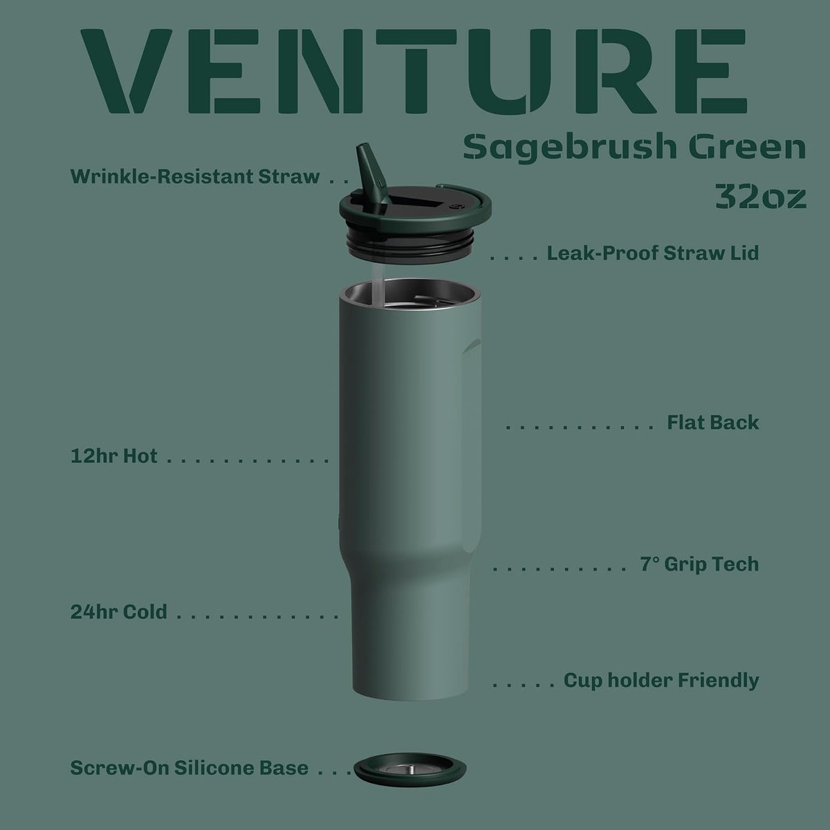 16oz Stainless Steel Tumbler Water Bottle - Spill-Proof Screw-On Lid, Insulated, Straw Compatible, BPA-Free - 12hr Hot/24hr Cold, Fits Cup Holders - Jet Black