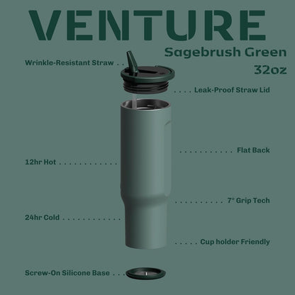 16oz Stainless Steel Tumbler Water Bottle - Spill-Proof Screw-On Lid, Insulated, Straw Compatible, BPA-Free - 12hr Hot/24hr Cold, Fits Cup Holders - Jet Black