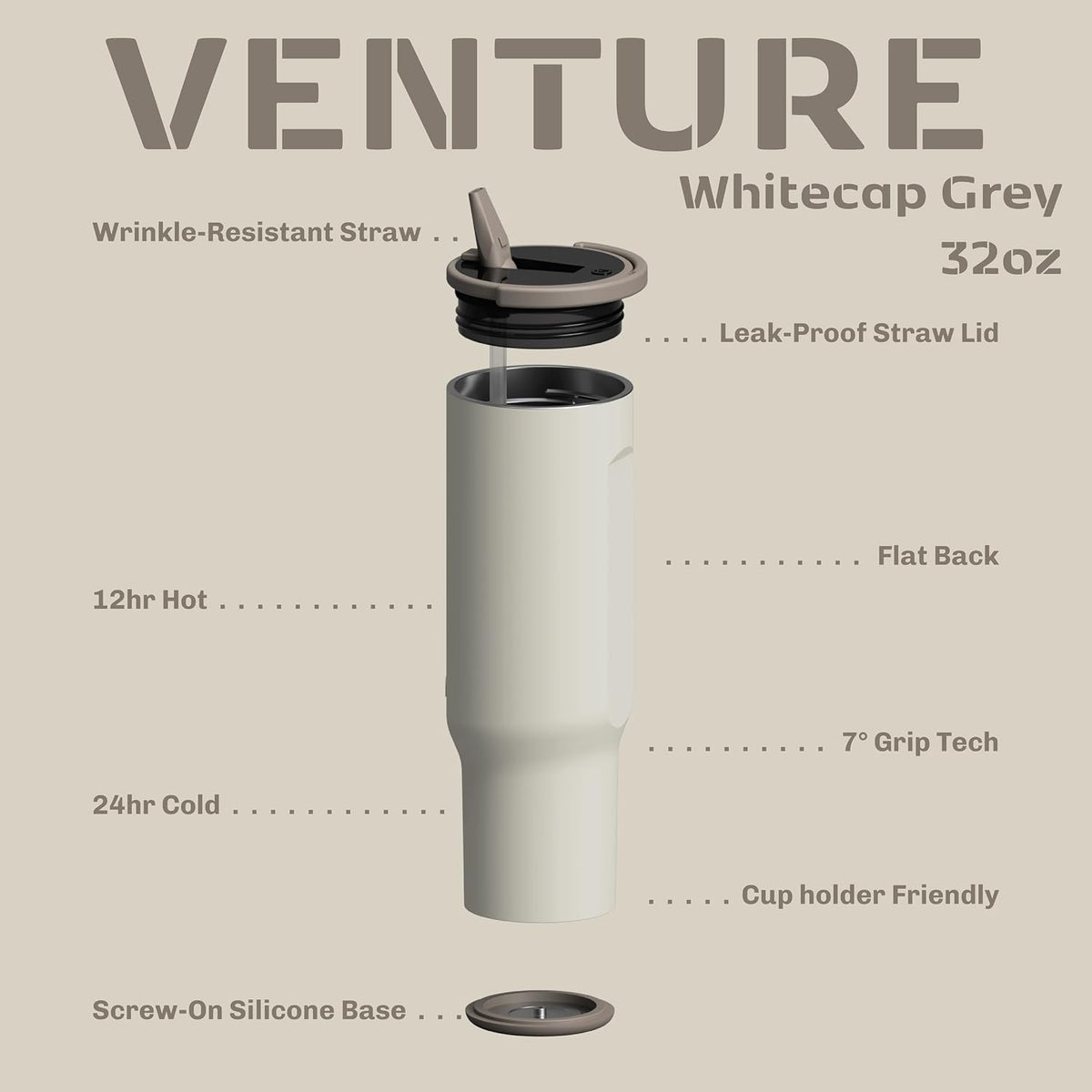 16oz Stainless Steel Tumbler Water Bottle - Spill-Proof Screw-On Lid, Insulated, Straw Compatible, BPA-Free - 12hr Hot/24hr Cold, Fits Cup Holders - Jet Black