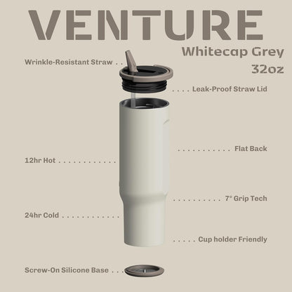 16oz Stainless Steel Tumbler Water Bottle - Spill-Proof Screw-On Lid, Insulated, Straw Compatible, BPA-Free - 12hr Hot/24hr Cold, Fits Cup Holders - Jet Black