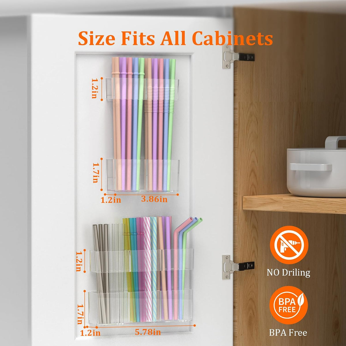 9.5” Large Acrylic Straw Holder for Cabinet Door, Transparent