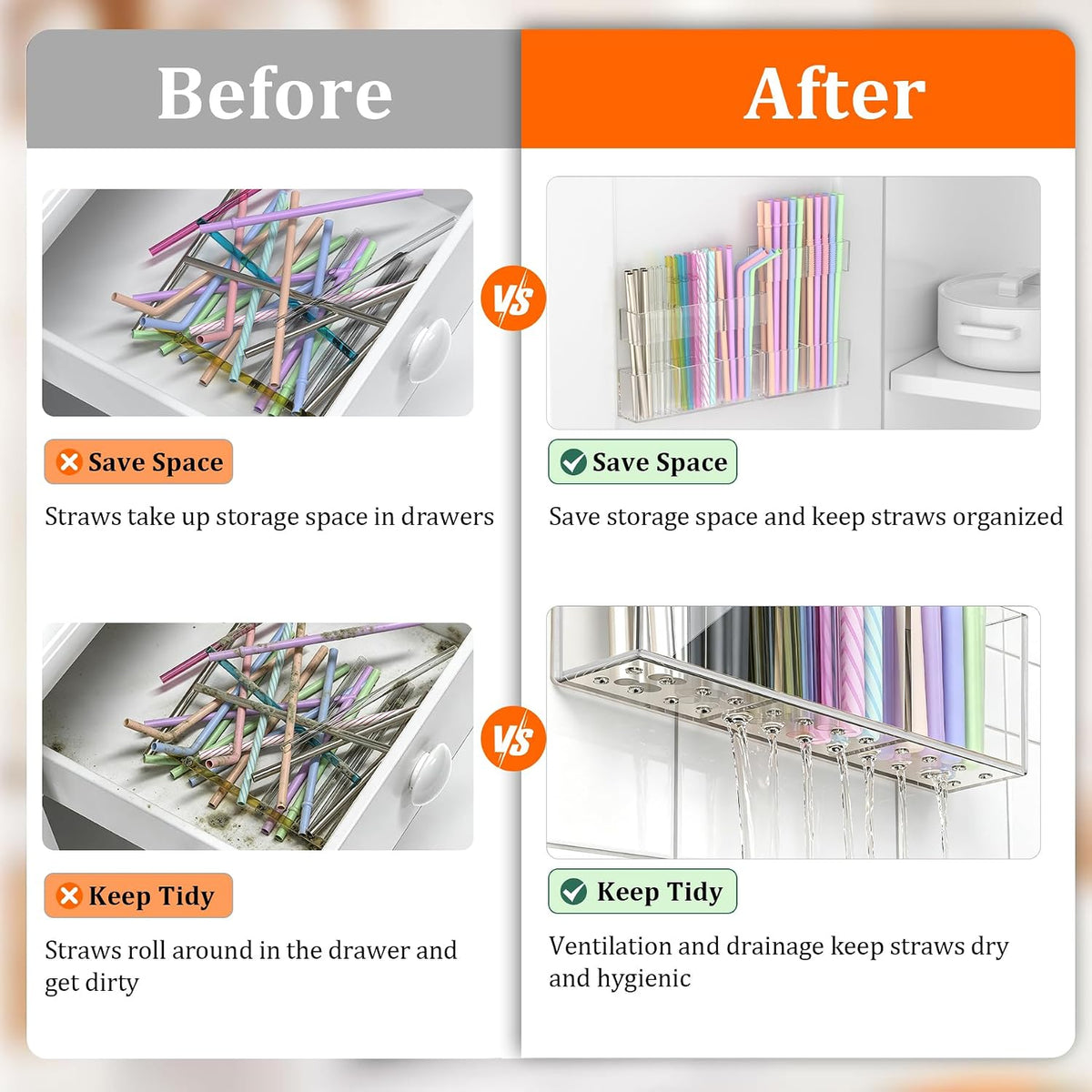 9.5” Large Acrylic Straw Holder for Cabinet Door, Transparent