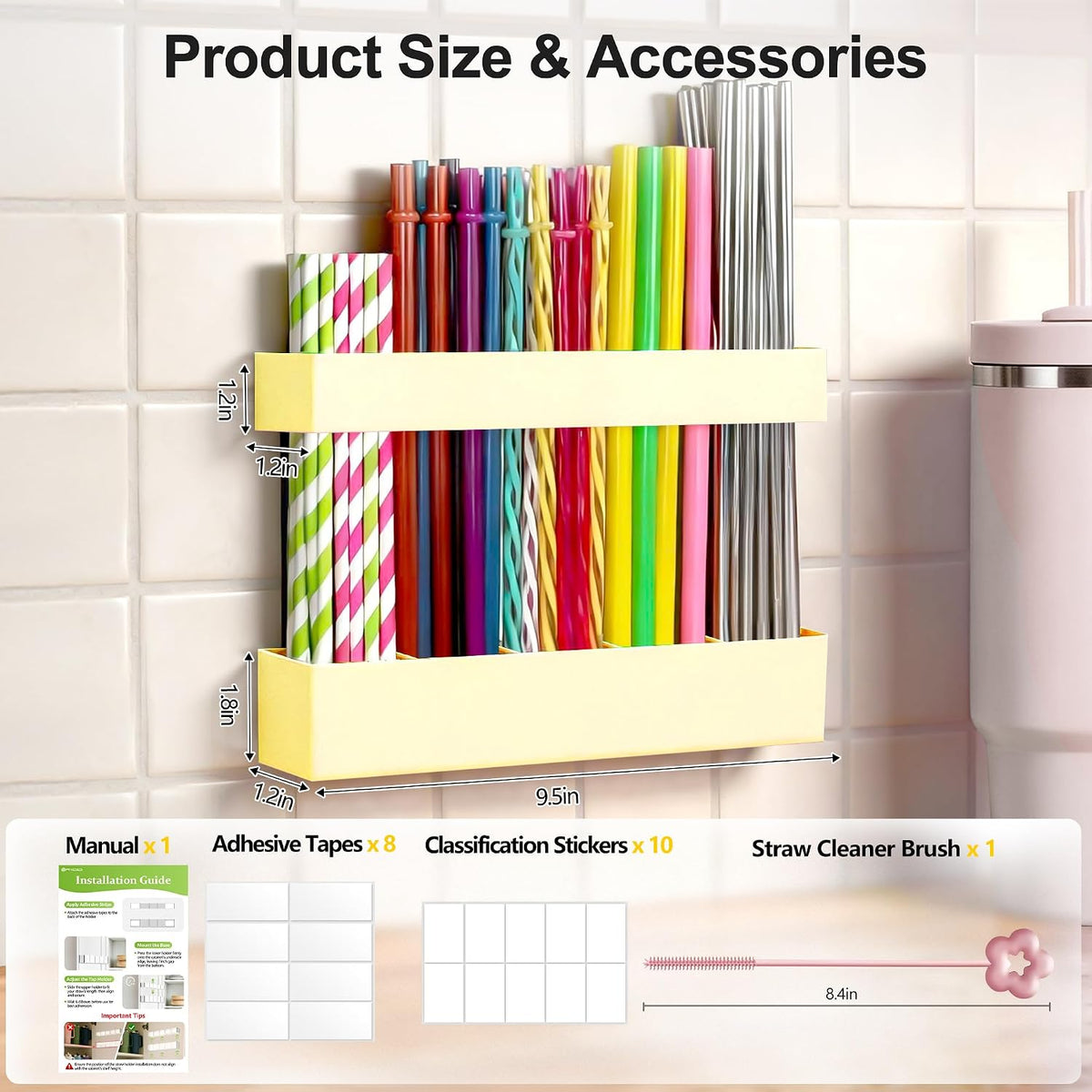9.5” Large Acrylic Straw Holder for Cabinet Door, Transparent