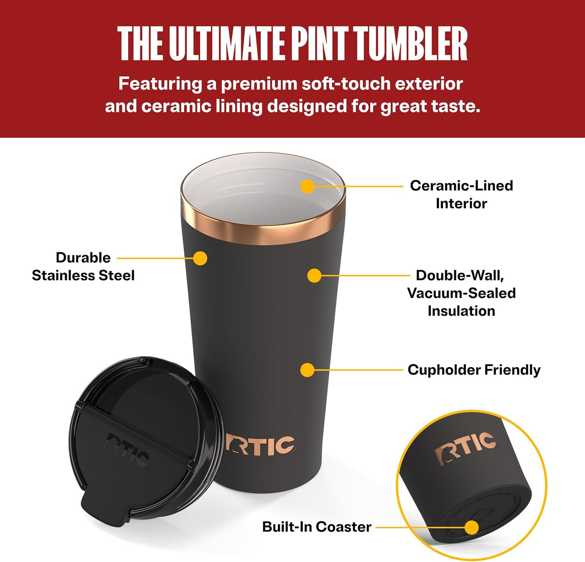 18oz Pint Tumbler with Lid, Ceramic Lined, Black Cherry
