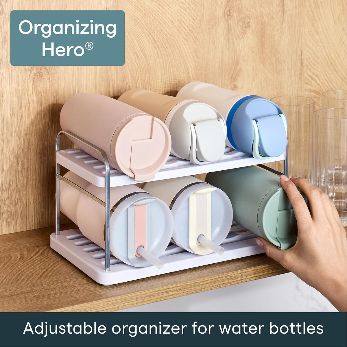 UpSpace Water Bottle and Travel Mug Cabinet Organizer, Adjustable Storage Rack for Kitchen Organization, 3-Shelf