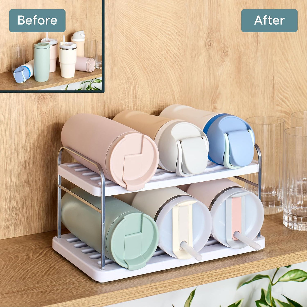UpSpace Water Bottle and Travel Mug Cabinet Organizer, Adjustable Storage Rack for Kitchen Organization, 3-Shelf