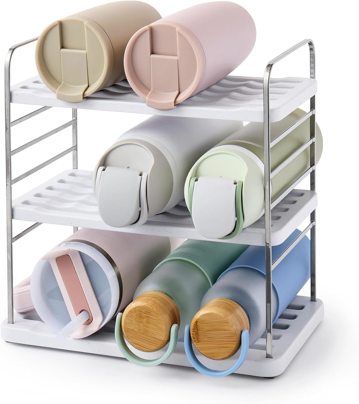 UpSpace Water Bottle and Travel Mug Cabinet Organizer, Adjustable Storage Rack for Kitchen Organization, 3-Shelf