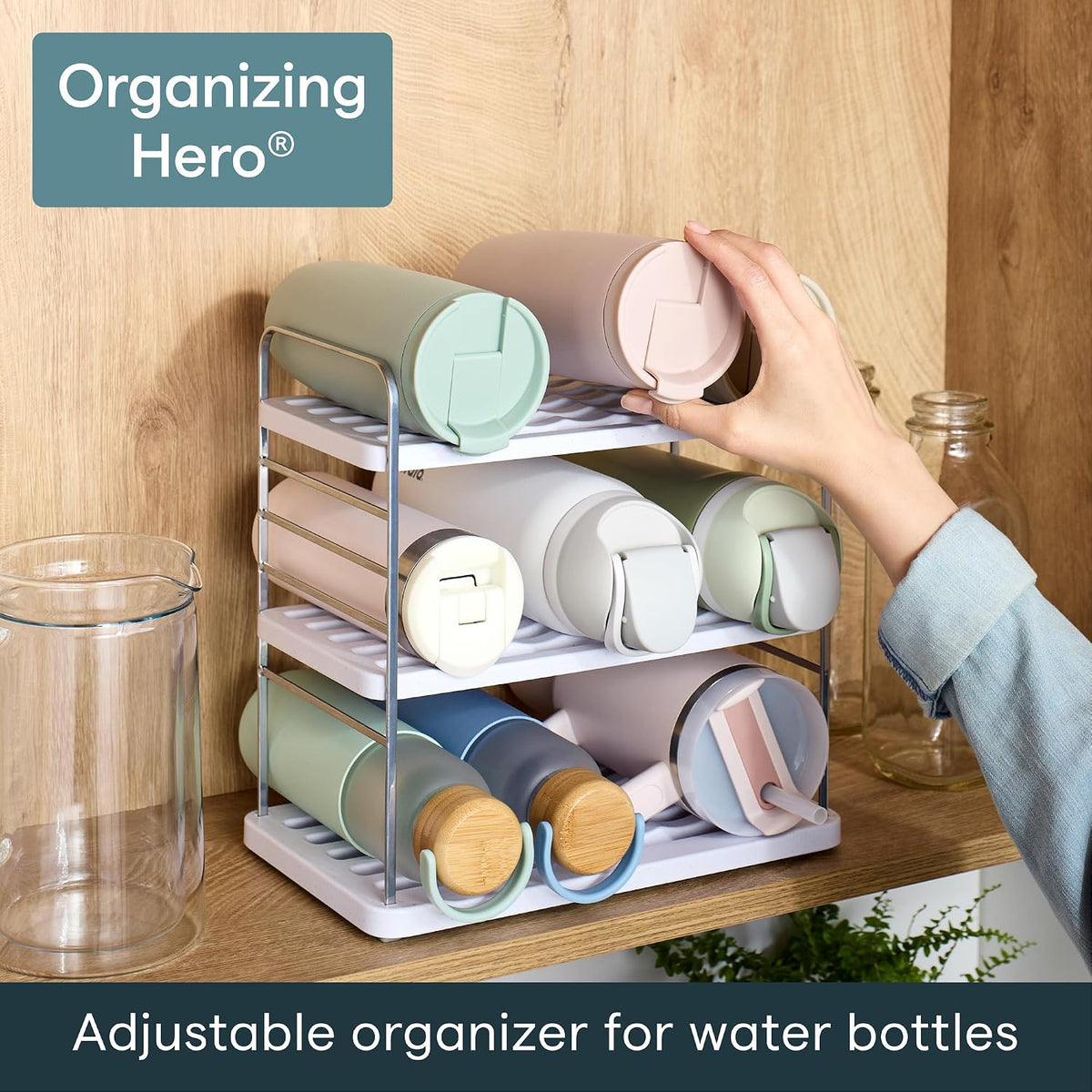UpSpace Water Bottle and Travel Mug Cabinet Organizer, Adjustable Storage Rack for Kitchen Organization, 3-Shelf