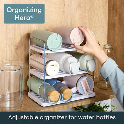 UpSpace Water Bottle and Travel Mug Cabinet Organizer, Adjustable Storage Rack for Kitchen Organization, 3-Shelf