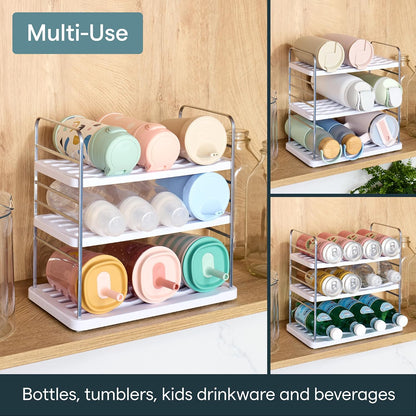 UpSpace Water Bottle and Travel Mug Cabinet Organizer, Adjustable Storage Rack for Kitchen Organization, 3-Shelf