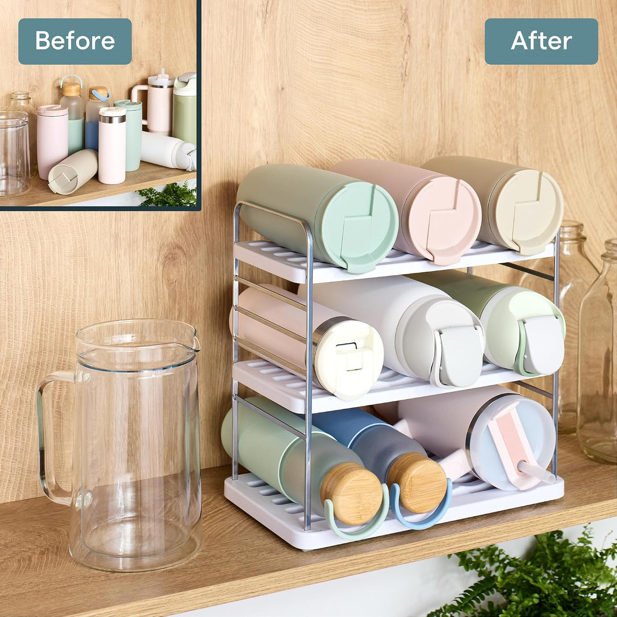 UpSpace Water Bottle and Travel Mug Cabinet Organizer, Adjustable Storage Rack for Kitchen Organization, 3-Shelf