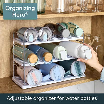 UpSpace Water Bottle and Travel Mug Cabinet Organizer, Adjustable Storage Rack for Kitchen Organization, 3-Shelf