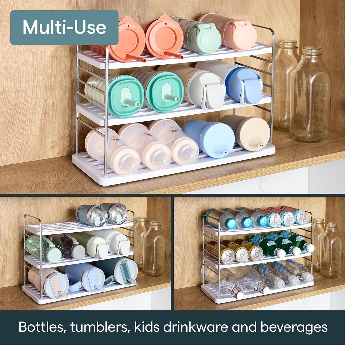 UpSpace Water Bottle and Travel Mug Cabinet Organizer, Adjustable Storage Rack for Kitchen Organization, 3-Shelf