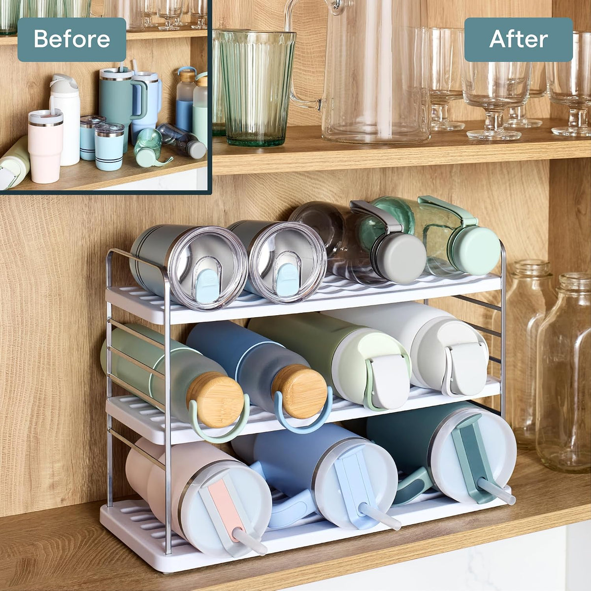 UpSpace Water Bottle and Travel Mug Cabinet Organizer, Adjustable Storage Rack for Kitchen Organization, 3-Shelf