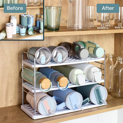 UpSpace Water Bottle and Travel Mug Cabinet Organizer, Adjustable Storage Rack for Kitchen Organization, 3-Shelf
