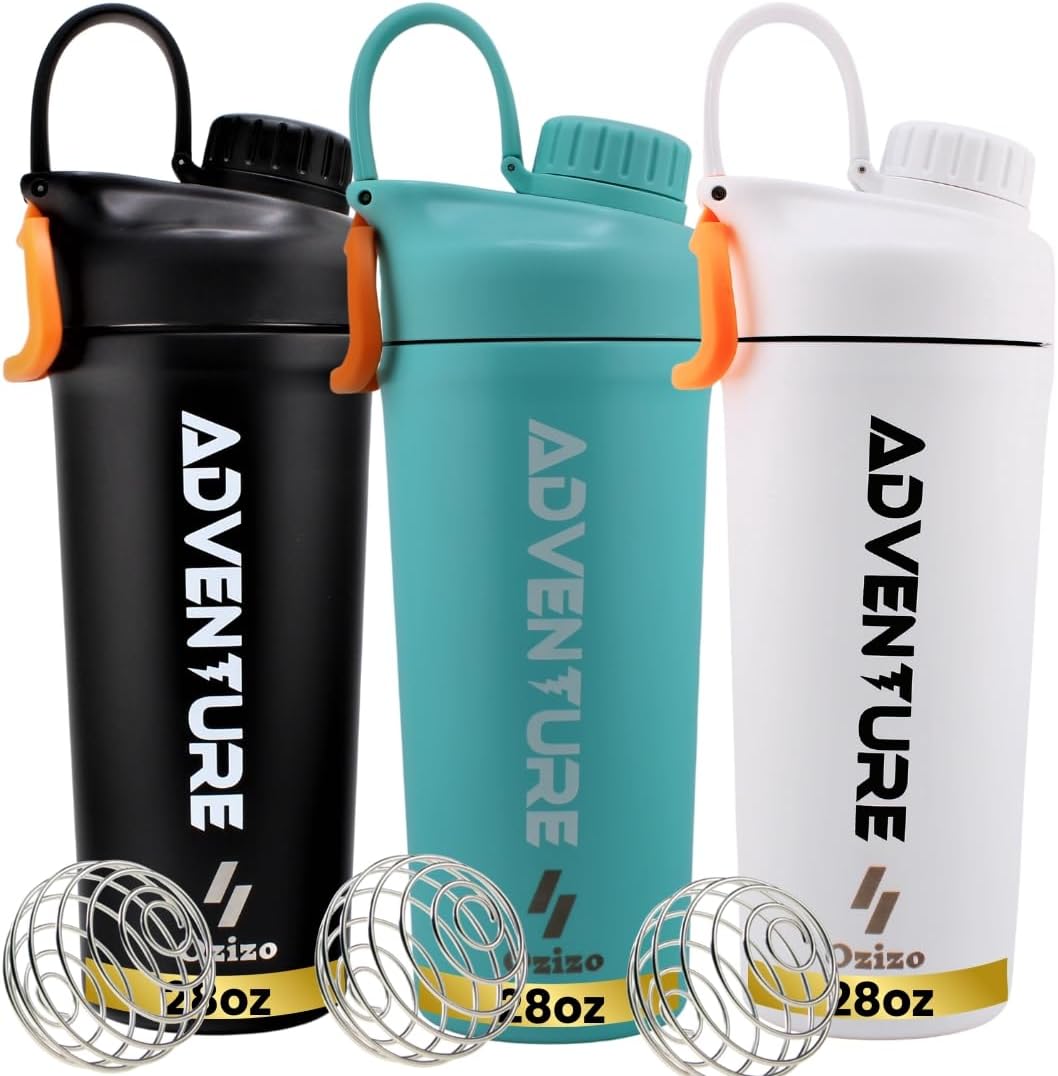 2 Pack Stainless Steel Insulated Protein Shaker Bottle, 20oz Leak Proof Shaker Cup with Wire Whisk Ball for Protein Mixes, Hot & Cold Drinks, Gym & Fitness (Blue + Blue)
