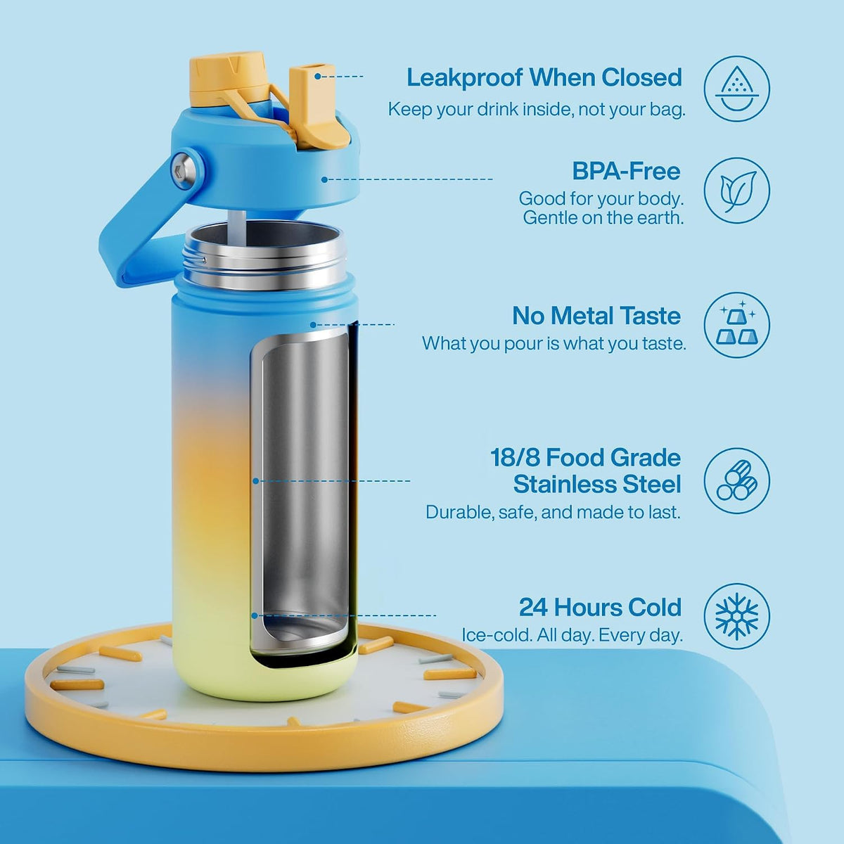 Insulated Water Bottle with Straw Stainless Steel Water Bottle, Leak-Proof, BPA-Free, Double Wall Vacuum Keeps Cold for 24 Hours for Sports, Travel, School (26 oz, Cotton Candy) - Colors A