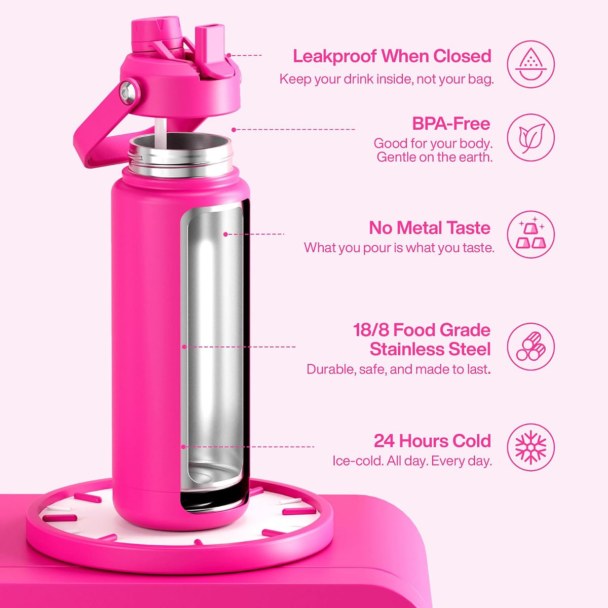 Insulated Water Bottle with Straw Stainless Steel Water Bottle, Leak-Proof, BPA-Free, Double Wall Vacuum Keeps Cold for 24 Hours for Sports, Travel, School (26 oz, Cotton Candy) - Colors A