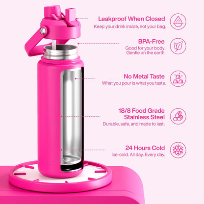 Insulated Water Bottle with Straw Stainless Steel Water Bottle, Leak-Proof, BPA-Free, Double Wall Vacuum Keeps Cold for 24 Hours for Sports, Travel, School (26 oz, Cotton Candy) - Colors A