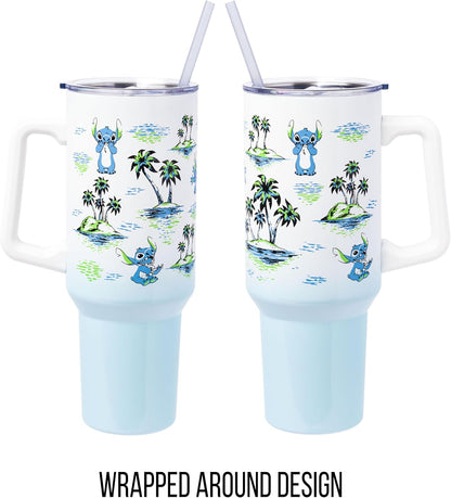 Lilo and Stitch Wink Face, Stainless Steel Tumbler, 40oz | Make Some Waves, Rhinestone, Disney, Double Walled, Includes Handle and Straw, Fits in Cup Holder, 1.18 Liters - Colors A