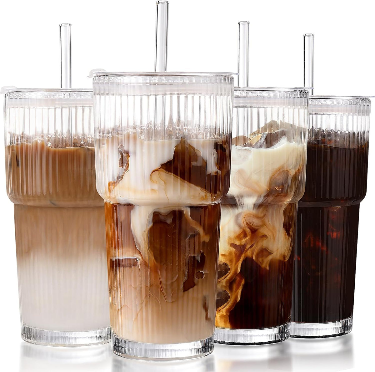 20oz Ribbed Iced Coffee Cups with Lids,4 Pcs Vintage Glass Cups Tumblers
