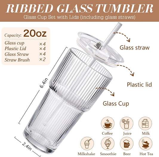 20oz Ribbed Iced Coffee Cups with Lids,4 Pcs Vintage Glass Cups Tumblers