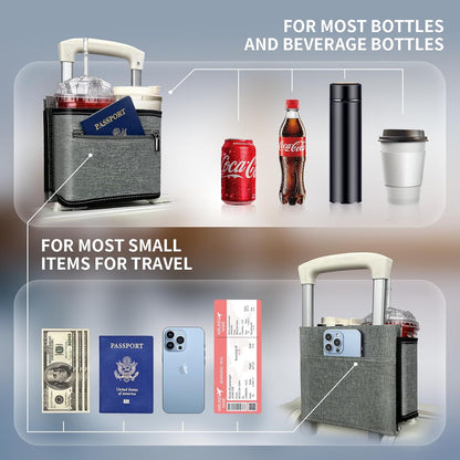 Travel Luggage Cup Holder, Drink Caddy, Luggage Cup Holder Attachment, Free Hand Suitcase Drink Carrier for Drinks Beverages, Coffee, Bottles, Snack (Gray)