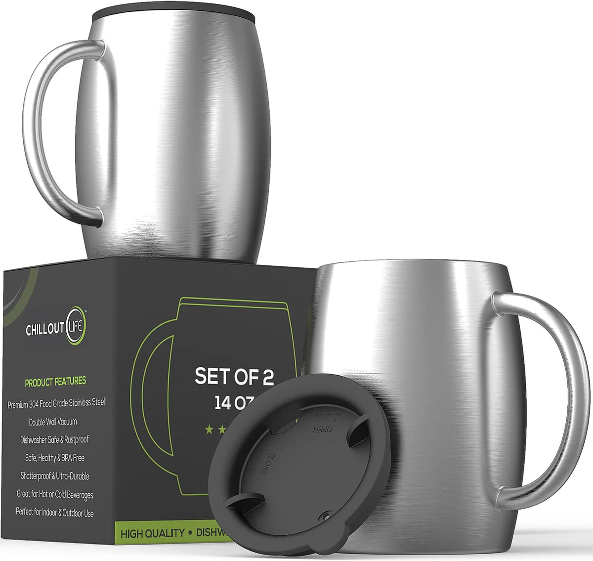 Stainless Steel Insulated Coffee Mugs Set of 2 (14oz) – Double Wall Coffee Cups with Spill Resistant Lid & Strong Handle, Shatterproof Cups for Cold Drinks and Hot Beverages