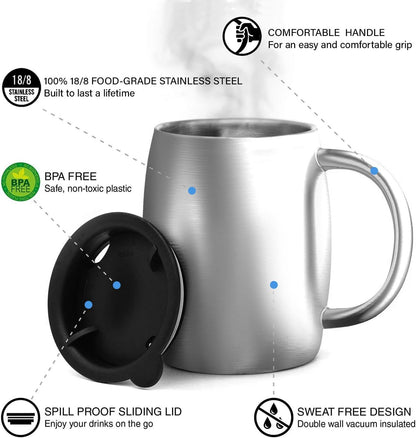 Stainless Steel Insulated Coffee Mugs Set of 2 (14oz) – Double Wall Coffee Cups with Spill Resistant Lid & Strong Handle, Shatterproof Cups for Cold Drinks and Hot Beverages