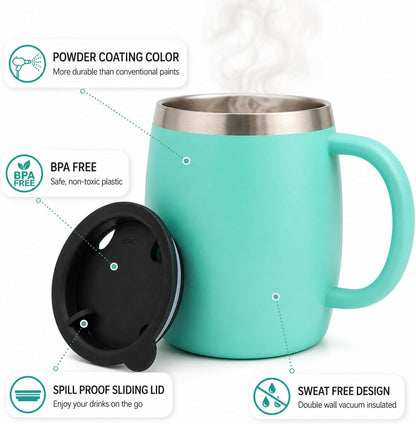 Stainless Steel Insulated Coffee Mugs Set of 2 (14oz) – Double Wall Coffee Cups with Spill Resistant Lid & Strong Handle, Shatterproof Cups for Cold Drinks and Hot Beverages