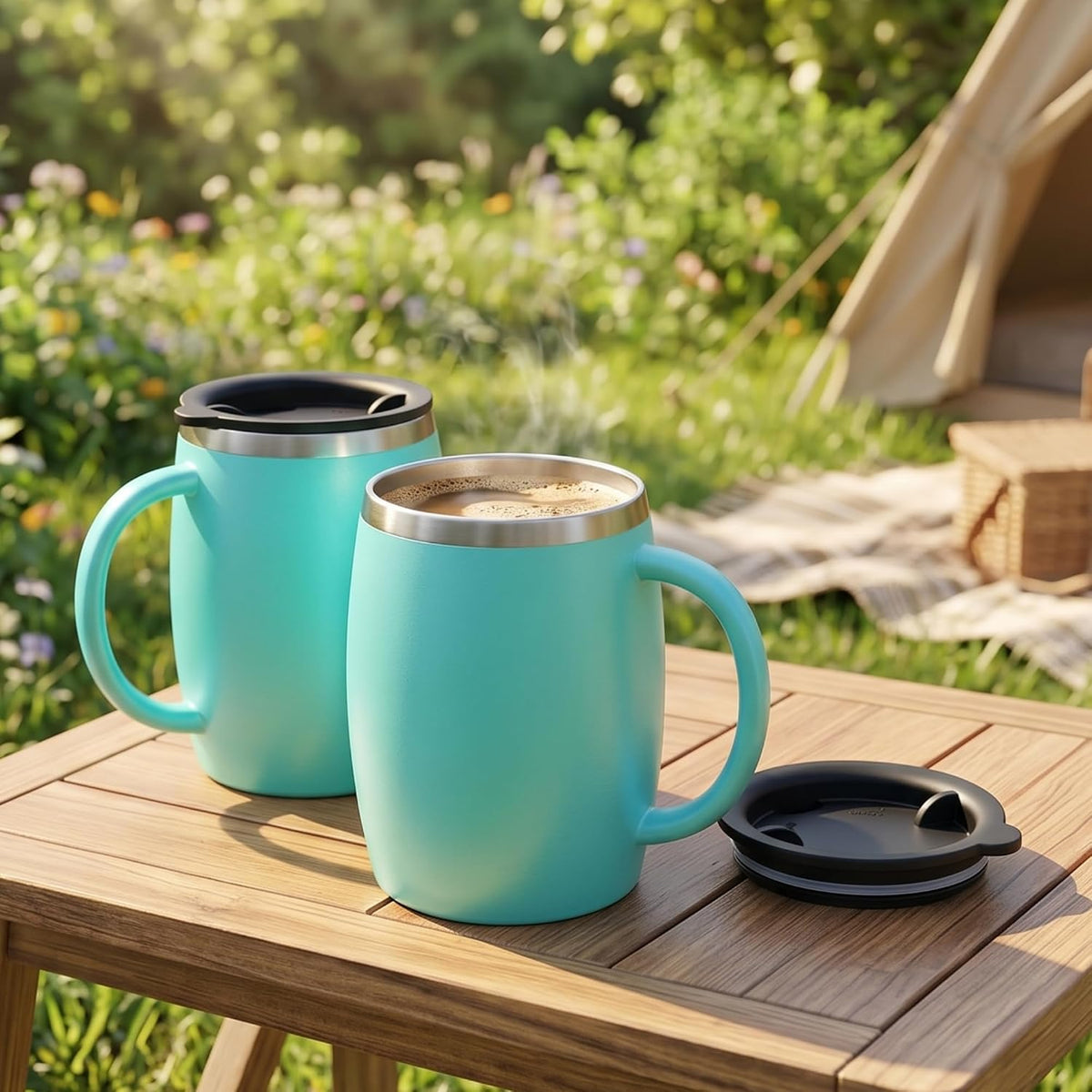 Stainless Steel Insulated Coffee Mugs Set of 2 (14oz) – Double Wall Coffee Cups with Spill Resistant Lid & Strong Handle, Shatterproof Cups for Cold Drinks and Hot Beverages