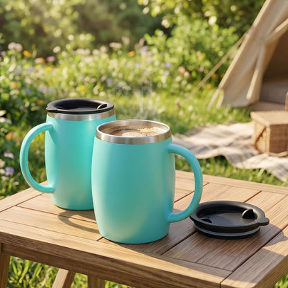Stainless Steel Insulated Coffee Mugs Set of 2 (14oz) – Double Wall Coffee Cups with Spill Resistant Lid & Strong Handle, Shatterproof Cups for Cold Drinks and Hot Beverages
