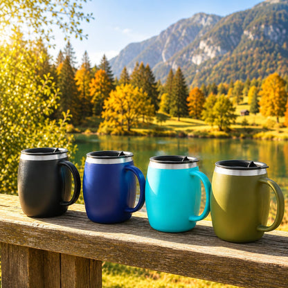 Stainless Steel Insulated Coffee Mugs Set of 2 (14oz) – Double Wall Coffee Cups with Spill Resistant Lid & Strong Handle, Shatterproof Cups for Cold Drinks and Hot Beverages
