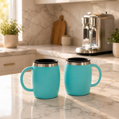 Stainless Steel Insulated Coffee Mugs Set of 2 (14oz) – Double Wall Coffee Cups with Spill Resistant Lid & Strong Handle, Shatterproof Cups for Cold Drinks and Hot Beverages