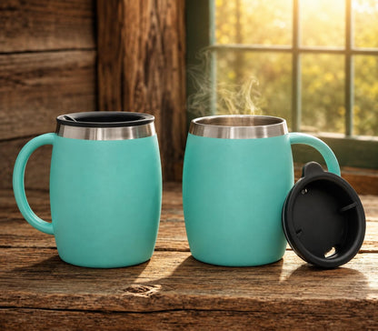 Stainless Steel Insulated Coffee Mugs Set of 2 (14oz) – Double Wall Coffee Cups with Spill Resistant Lid & Strong Handle, Shatterproof Cups for Cold Drinks and Hot Beverages