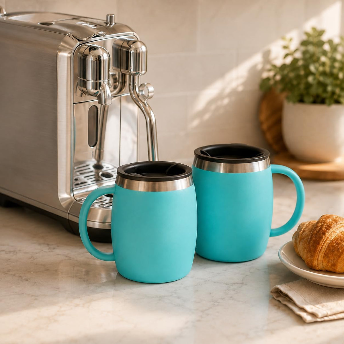 Stainless Steel Insulated Coffee Mugs Set of 2 (14oz) – Double Wall Coffee Cups with Spill Resistant Lid & Strong Handle, Shatterproof Cups for Cold Drinks and Hot Beverages