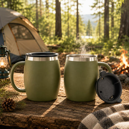 Stainless Steel Insulated Coffee Mugs Set of 2 (14oz) – Double Wall Coffee Cups with Spill Resistant Lid & Strong Handle, Shatterproof Cups for Cold Drinks and Hot Beverages