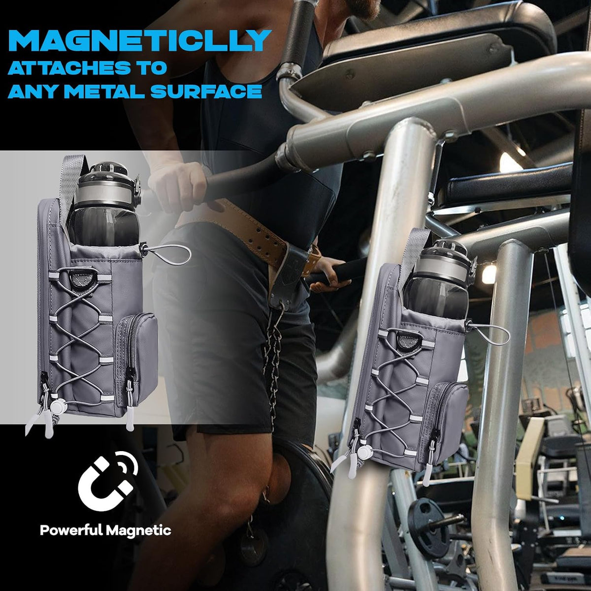 Magnetic Gym Bag, Magnetic Water Bottle Holder & Small Gym Bag, Gym Gifts for Women and Men (Black, <40 OZ)