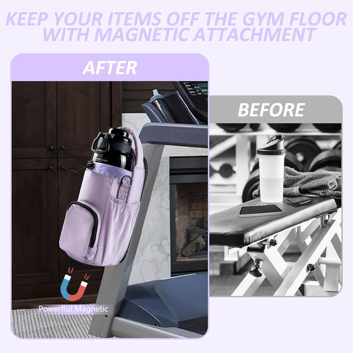 Magnetic Gym Bag, Magnetic Water Bottle Holder & Small Gym Bag, Gym Gifts for Women and Men (Black, <40 OZ)