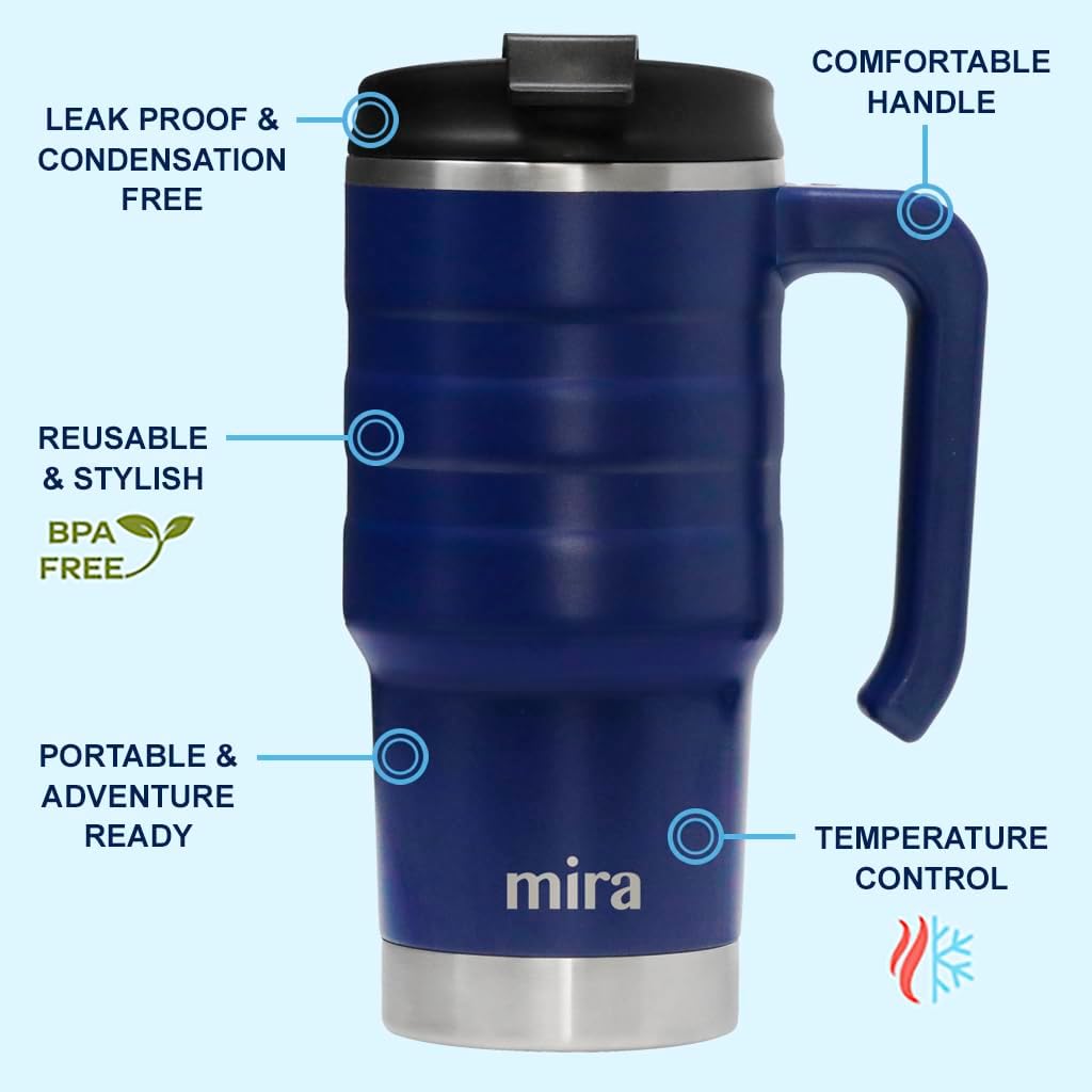 20 oz Insulated Travel Mug - Stainless Steel Coffee Cup with Spill-Proof Flip Lid & Handle - Hot/Cold Car Tumbler - White