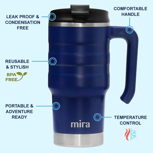 20 oz Insulated Travel Mug - Stainless Steel Coffee Cup with Spill-Proof Flip Lid & Handle - Hot/Cold Car Tumbler - White