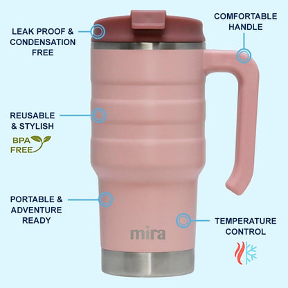 20 oz Insulated Travel Mug - Stainless Steel Coffee Cup with Spill-Proof Flip Lid & Handle - Hot/Cold Car Tumbler - White