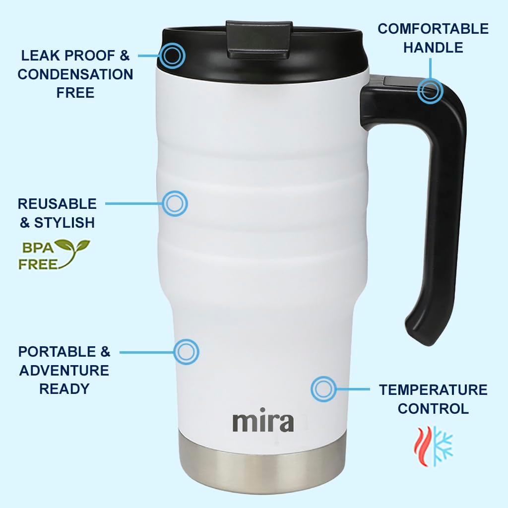 20 oz Insulated Travel Mug - Stainless Steel Coffee Cup with Spill-Proof Flip Lid & Handle - Hot/Cold Car Tumbler - White