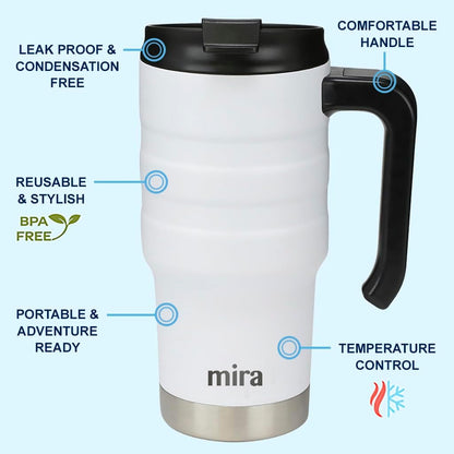 20 oz Insulated Travel Mug - Stainless Steel Coffee Cup with Spill-Proof Flip Lid & Handle - Hot/Cold Car Tumbler - White
